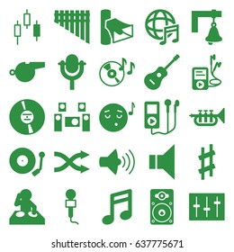 Sound icons set. set of 25 sound filled icons such as emoji listening music, disc on fire, microphone, volume, megaphone, cd, sliders, loudspeaker, harmonica, guitar