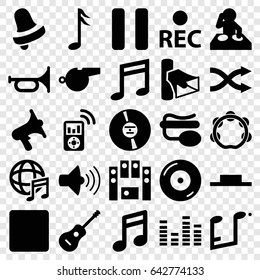 Sound icons set. set of 25 sound filled icons such as bell, disc on fire, volume, pin microphone, equalizer, rec, music pause, music note, loud speaker set, cd, pause, stop