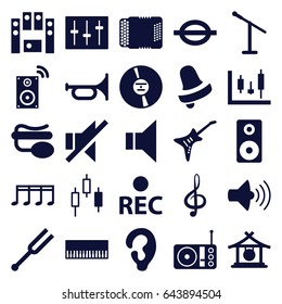 Sound icons set. set of 25 sound filled icons such as gong, ear, bell, volume, pin microphone, rec, treble clef, music note, megaphone, no sound, loud speaker set, cd, sliders