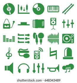 Sound icons set. set of 25 sound filled icons such as equalizer, pin microphone, microphone, treble clef, music pause, megaphone, cd, gramophone, piano, harmonic, drum stick