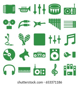 Sound icons set. set of 25 sound filled icons such as volume, equalizer, guitar strings, music note, loud speaker set, cd, stop, record player, radio, harmonica, harmonic