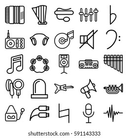 sound icons set. Set of 25 sound outline icons such as radio, volume, microphone, pin microphone, bass clef, no sound, record player, harmonica, harp, harmonic