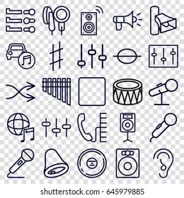 Sound icons set. set of 25 sound outline icons such as volume, equalizer, ear, music note, cd, stop, sliders, microphone, harmonica, drum, car music, international music