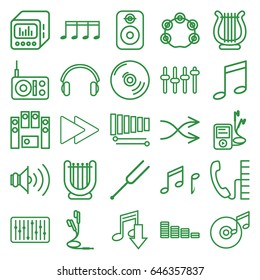 Sound icons set. set of 25 sound outline icons such as equalizer, loud speaker set, fast forward, tonometer, xylophone, slider, mp3 player, earphones