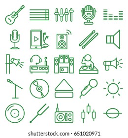 Sound icons set. set of 25 sound outline icons such as disc on fire, guitar strings, music note, megaphone, loud speaker set, cd, eject button, equalizer, tonometer