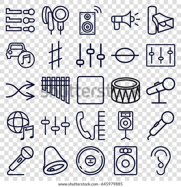 Sound icons set. set of 25\
sound outline icons such as volume, equalizer, ear, music note, cd,\
stop, sliders, microphone, harmonica, drum, car music,\
international music