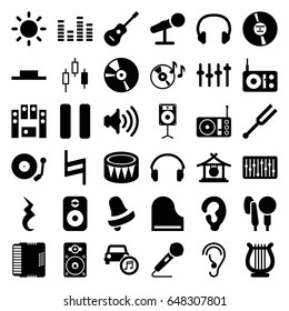 Sound icons set. set of 36 sound filled icons such as gong, ear, bell, disc on fire, equalizer, music pause, loud speaker set, cd, pause, microphone, tonometer, loudspeaker