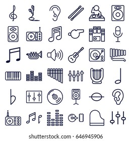 Sound icons set. set of 36 sound outline icons such as ear, radio, volume, microphone, equalizer, music note, loud speaker set, sliders, gramophone, piano, loudspeaker