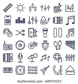 Sound icons set. set of 36 sound outline icons such as disc on fire, equalizer, microphone, music note, speaker, cd, pause, eject button, piano, harmonica, harmonic, guitar