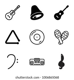 Sound icons. set of 9 editable filled and outline sound icons such as guitar, triangle musical instrument, bell, disc on fire, bass clef, record player, maraca