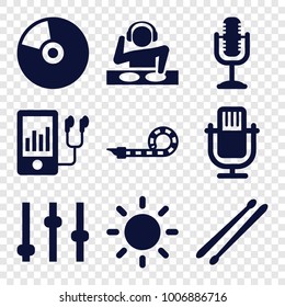 Sound icons. set of 9 editable filled sound icons such as adjust, microphone, mp3 player, drum stick, party pipe, contrast, cd