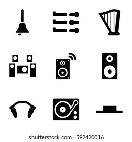 sound icons set. Set of 9 sound filled icons such as music pause, gramophone, harp, earphones, loudspeaker, bell, audio system, music loudspeaker