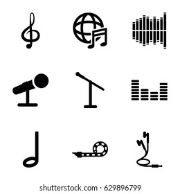 Sound icons set. set of 9 sound filled icons such as treble clef, equalizer, international music, earphones, music note, party pipe