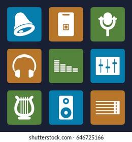 Sound icons set. set of 9 sound filled icons such as equalizer, guitar strings, sliders, microphone, harp, door ringer, loudspeaker, bell