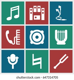 Sound icons set. set of 9 sound filled icons such as speaker, loud speaker set, microphone, tonometer, earphones, pause, phone, music note