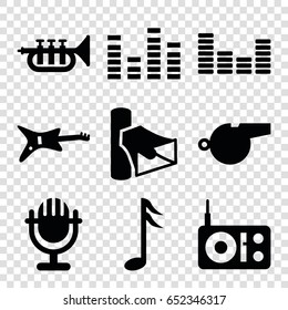 Sound icons set. set of 9 sound filled icons such as volume, equalizer, music note, trumpet, whistle, radio, microphone