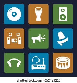 Sound icons set. set of 9 sound filled icons such as bell, drum, earphones, loudspeaker, audio system, megaphone, listening device