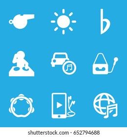Sound icons set. set of 9 sound filled icons such as microphone, phone and earphones, car music, international music, bemol, tambourine, contrast, whistle