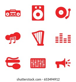 Sound icons set. set of 9 sound filled icons such as pin microphone, record player, slider, harp, music cloud, gramophone, equalizer, megaphone