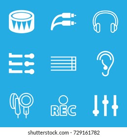 Sound icons set. set of 9 sound filled and outline icons such as ear, drum, earphone wire, rec, guitar strings, microphone, headset, adjust