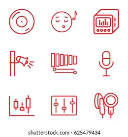 Sound icons set. set of 9 sound outline icons such as disc on fire, microphone, sliders, xylophone, megaphone, loud speaker with equalizer, emoji listening music