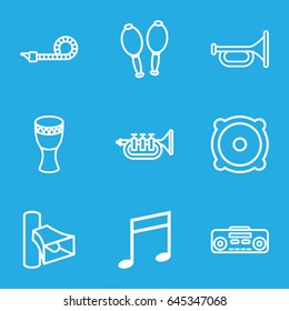 Sound icons set. set of 9 sound outline icons such as volume, music note, speaker, record player, maracas, trumpet, party pipe