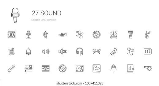 sound icons set. Collection of sound with bell, fast forward, turntable, silent, video player, note, flute, trumpet, ears, headphones, mute. Editable and scalable sound icons.
