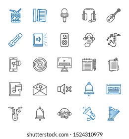 sound icons set. Collection of sound with harp, megaphone, audiobook, notification, saxophone, cassette, bell, mute, notes, note, video player. Editable and scalable sound icons.