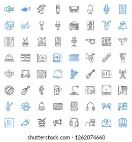 sound icons set. Collection of sound with live, notification, radio, headphones, megaphone, drums, loudspeaker, pause, note, ears, voice recorder. Editable and scalable sound icons.