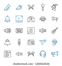 sound icons set. Collection of sound with megaphone, headphones, ears, mute, playlist, audio guide, filter, radio, microphone, bell, guitar. Editable and scalable sound icons.