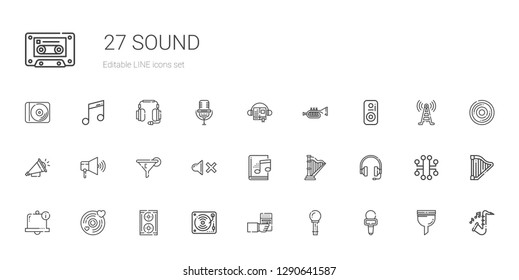 sound icons set. Collection of sound with microphone, radio, music, speaker, vinyl, bell, headphones, harp, audiobook, mute, filter, loudspeaker. Editable and scalable sound icons.