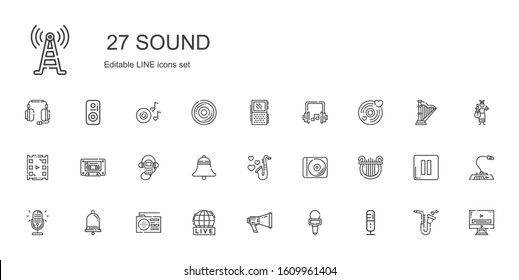 sound icons set. Collection of sound with microphone, megaphone, live, radio, notification, lyre, disc, saxophone, bell, audio guide, cassette. Editable and scalable sound icons.