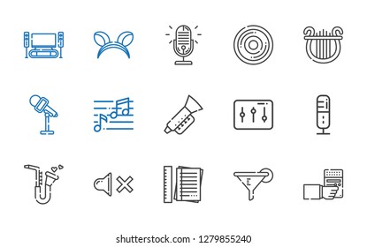 sound icons set. Collection of sound with radio, filter, notes, mute, saxophone, microphone, levels, trumpet, note, lyre, compact disc, ears. Editable and scalable sound icons.