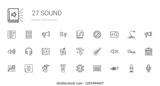 sound icons set. Collection of sound with trumpet, cassette, electronic, drum, saxophone, pause, note, mute, guitar, microphone, notes, cd. Editable and scalable sound icons.