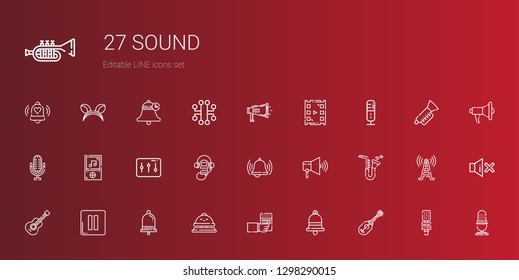 sound icons set. Collection of sound with ukelele, bell, radio, reception bell, notification, pause, guitar, saxophone, speaker, audio guide. Editable and scalable sound icons.