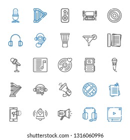 sound icons set. Collection of sound with video player, headphones, megaphone, bell, notification, notes, silent, audiobook, harp, microphone. Editable and scalable sound icons.