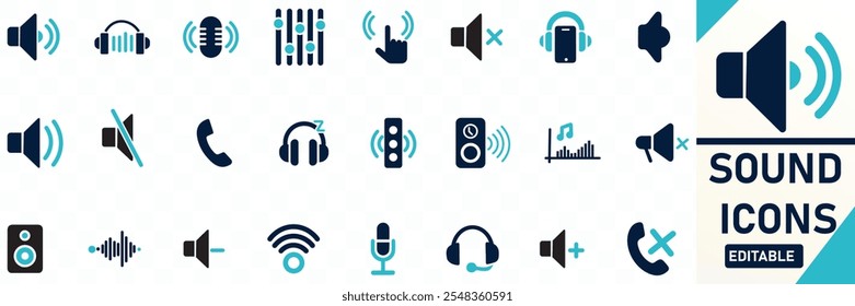 Conjunto de ícones de som Contendo alto-falante, modo de som, gravação, fone de ouvido, chamada, sono Ícone de vetor plano sólido