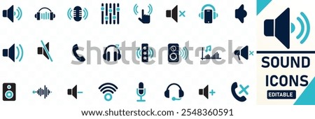 Sound icons set Containing speaker, sound mode, recording, headset, call, sleep Solid flat vector icon