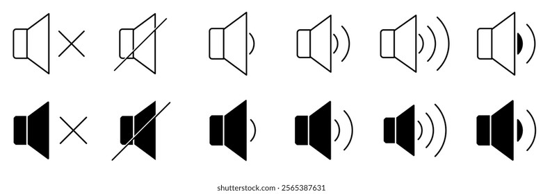 Sound icons set with different signal levels on white background. Speaker icon set. volume icons vector. loudspeaker icon vector. Mute and unmute volume sound. Sound icon, volume symbol, speaker sign.