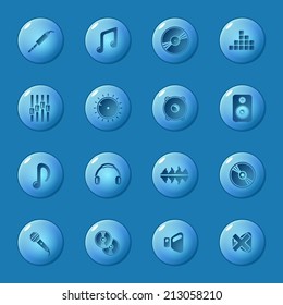 Sound icons set - vector dark blue circle glossy music buttons 