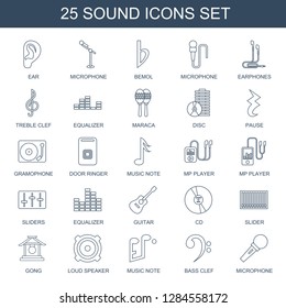 sound icons. Trendy 25 sound icons. Contain icons such as ear, microphone, bemol, earphones, treble clef, equalizer, maraca, disc, pause, gramophone. sound icon for web and mobile.