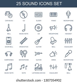 sound icons. Trendy 25 sound icons. Contain icons such as car music, CD, slider, piano, microphone, bell, music note, megaphone, headset, door bell. sound icon for web and mobile.