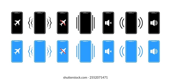 Sound indicator on your phone. Flight Mode Icons. Silhouette  Flat Style. Vector icons