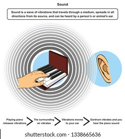 Sound Infographic Diagram Including Definition And Example Of Playing Piano Releasing Vibrations Then Surrounding Air Vibrates Moving To Ear Eardrum And Hearing Sound For Physics Science Education