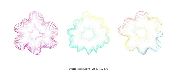 Sonido de ondas circulares iridiscentes. Círculos de gradiente ondulado de Vector Abstractas. Líneas de puntos de neón de sonido minimalista . Cubierta colorida para el cartel de la música y el Anuncio. Espectro radial