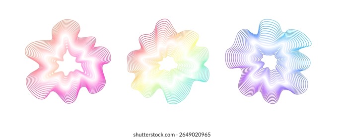 Sound iridescent circular waves. Abstract vector wavy gradient circles. Minimalistic sound neon lines, radial spectrum. Colorful cover for music poster and banner.
