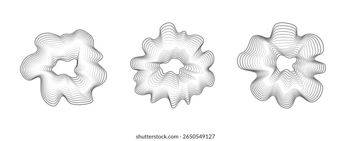 Sonido de ondas circulares iridiscentes. Círculos ondulados negros de Vector Abstractas. Líneas de sonido minimalistas, espectro radial. Portada para cartel de música y Anuncio.