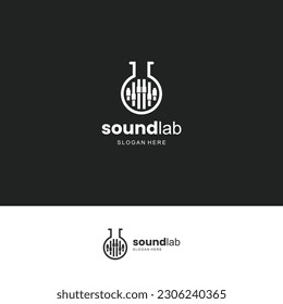 Sound-Labo, Laborflasche kombiniert mit Mixer-Audio-Logo-Design minimalistisch Konzept