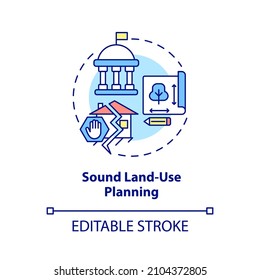 Sound Land Use Planning Concept Icon. Disaster Mitigation Abstract Idea Thin Line Illustration. Isolated Outline Drawing. Editable Stroke. Roboto-Medium, Myriad Pro-Bold Fonts Used