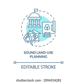 Sound Land Use Planning Turquoise Concept Icon. Disaster Protection Abstract Idea Thin Line Illustration. Isolated Outline Drawing. Editable Stroke. Roboto-Medium, Myriad Pro-Bold Fonts Used